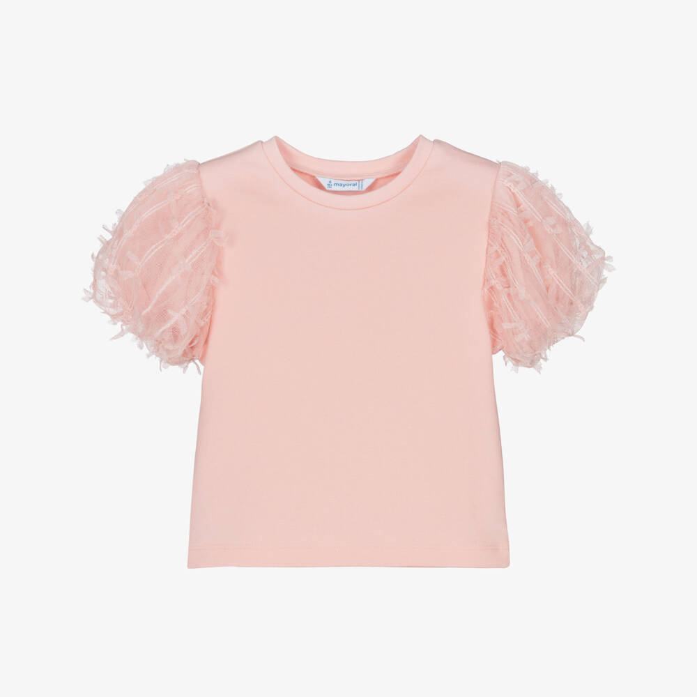 Mayoral-Футболка розовая с тюлевыми рукавами для девочек | Childrensalon Outlet