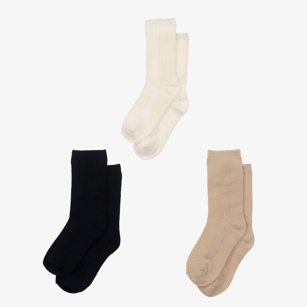 Mayoral-Teen Blue & Beige Ribbed Ankle Socks (3 Pack) | Childrensalon Outlet