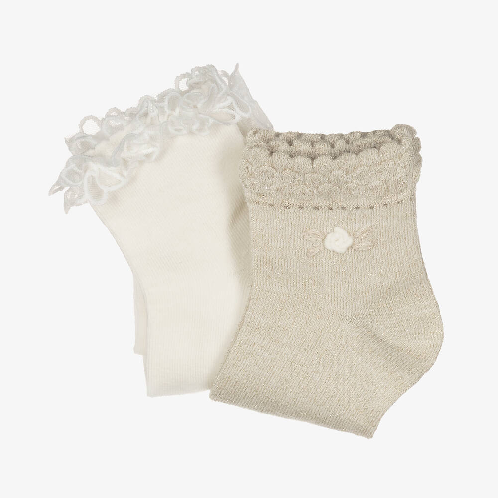 Mayoral-Teen Girls Ivory & Gold Ankle Socks (2 Pack) | Childrensalon Outlet