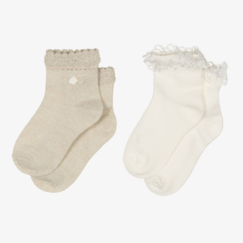 Mayoral-Teen Girls Ivory & Gold Ankle Socks (2 Pack) | Childrensalon Outlet