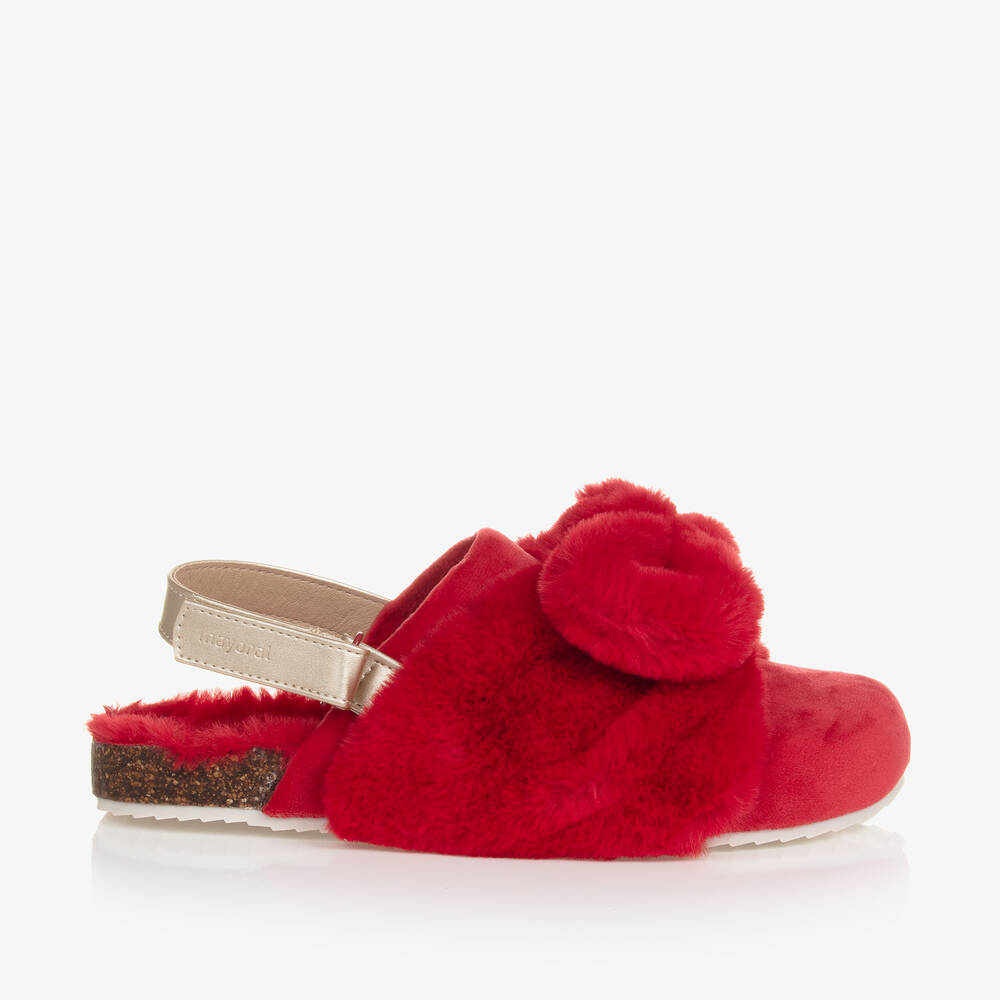 Red faux fur slides top