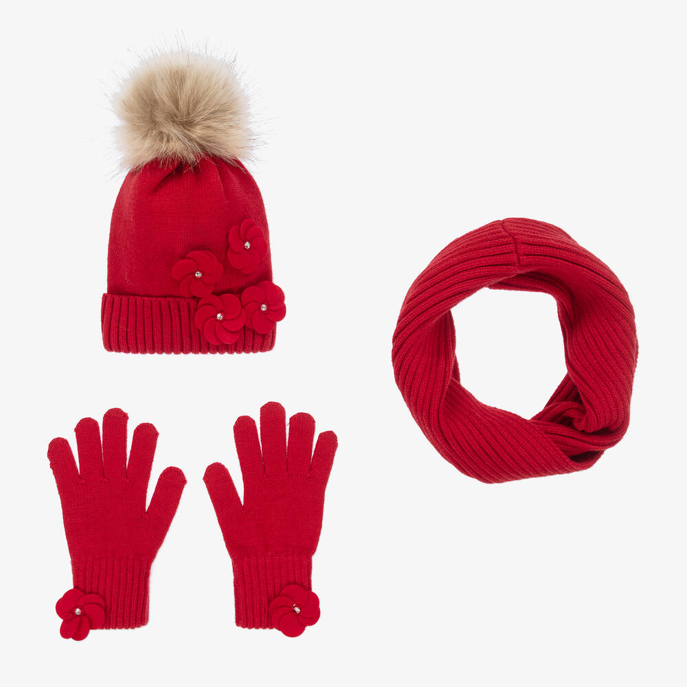 Mayoral - طقم قبعة مزيج فيسكوز محبوك لون أحمر تينز بناتي | Childrensalon