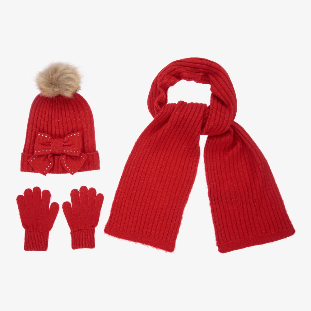 Mayoral - Красная шапка с шарфом и перчатками для девушек | Childrensalon