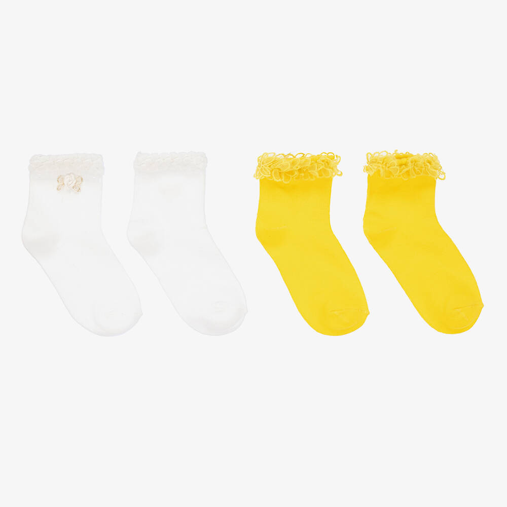 Mayoral - Teen Yellow & White Cotton Socks (2 Pack) | Childrensalon