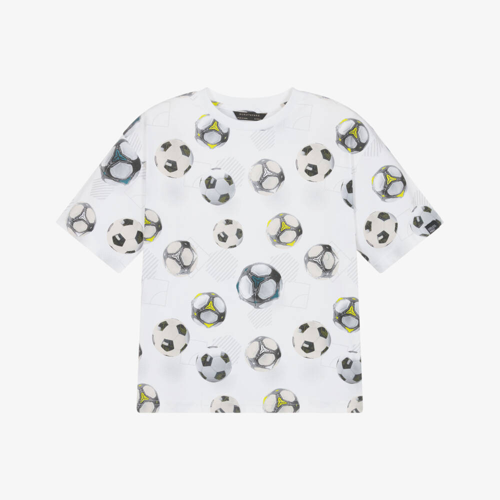 Mayoral Nukutavake-White All Over Football Print Tshirt | Childrensalon Outlet