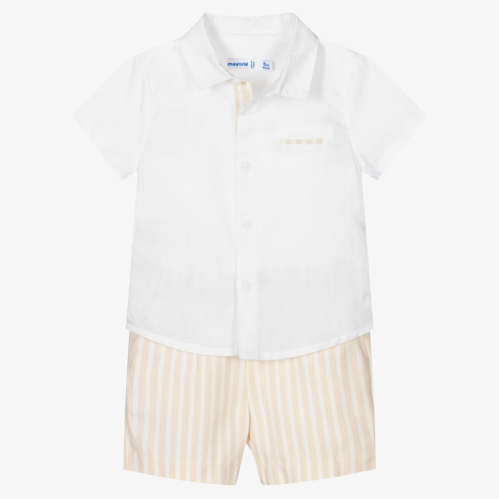 Mayoral - White & Beige Linen Shorts Set  | Childrensalon