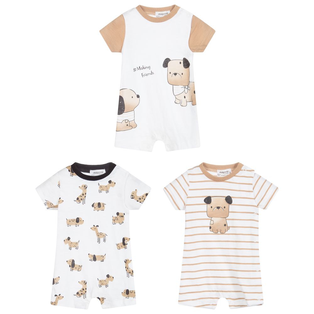 Mayoral Newborn - Kurzstrampler in Weiß und Beige (3er-Pack) | Childrensalon