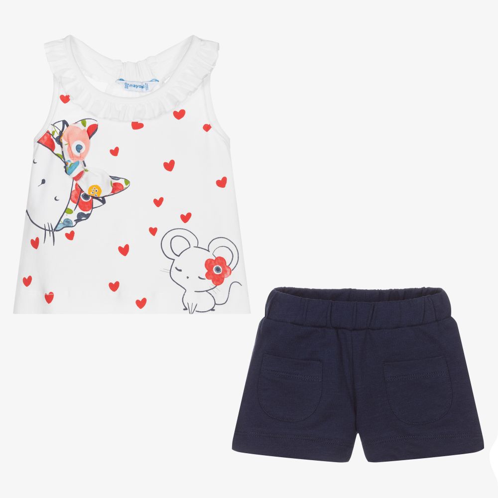 مايورال-طقم شورت أطفال بناتي قطن لون أبيض وكحلي | Childrensalon Outlet