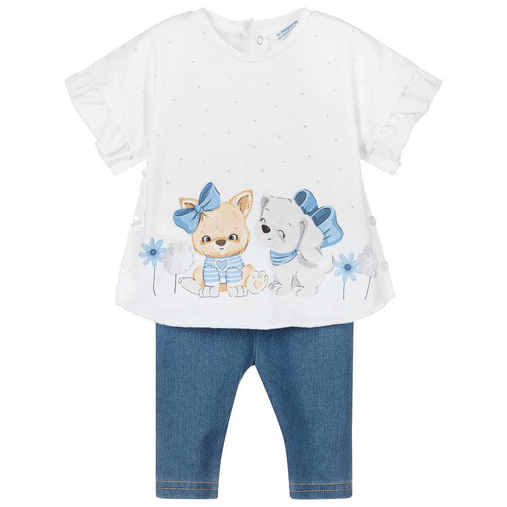 Mayoral - White & Blue Leggings Set | Childrensalon