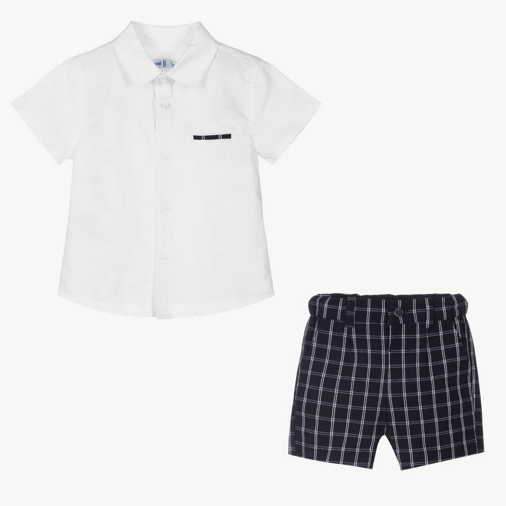 Mayoral-طقم شورت أطفال ولادي مزيج قطن وكتان لون أبيض وكحلي | Childrensalon Outlet