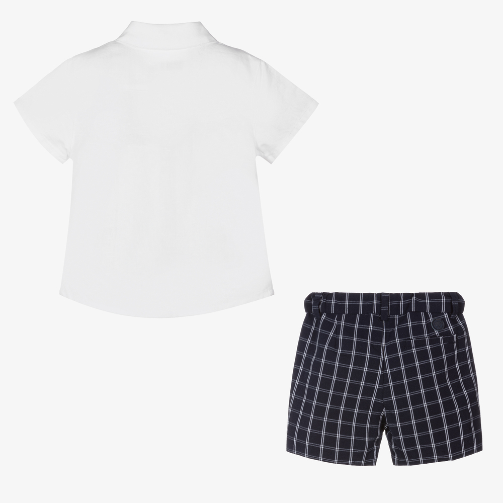 Mayoral-طقم شورت أطفال ولادي مزيج قطن وكتان لون أبيض وكحلي | Childrensalon Outlet