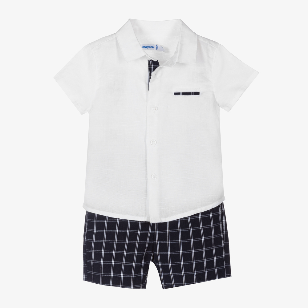 Mayoral - White & Blue Linen Shorts Set | Childrensalon