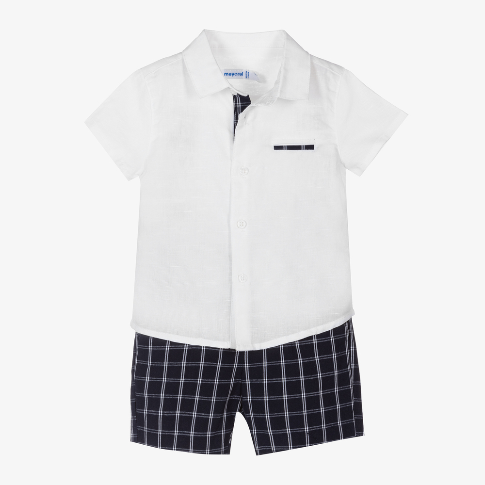 Mayoral - Haut blanc et short bleu en lin  | Childrensalon