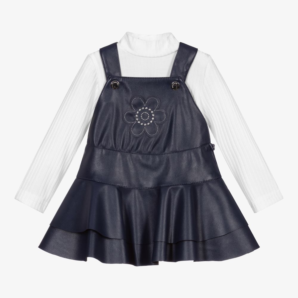 Mayoral - White & Blue Pinafore Dress | Childrensalon