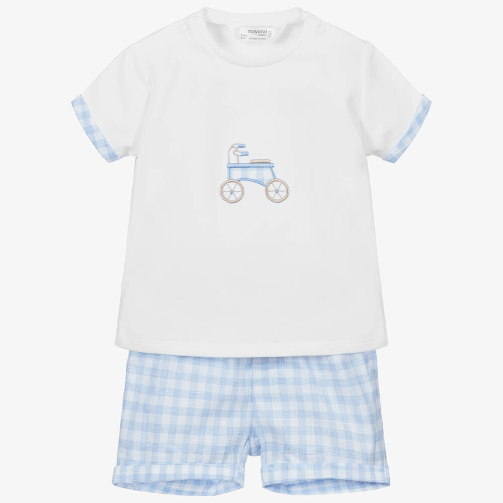 Mayoral Newborn-White & Blue Shorts Set | Childrensalon Outlet