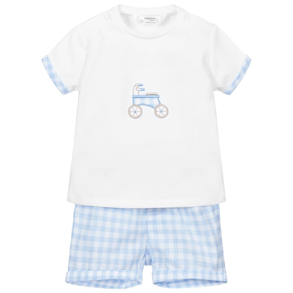 Mayoral Newborn - White & Blue Shorts Set | Childrensalon