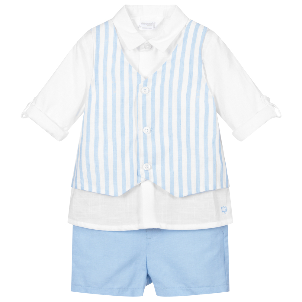 Mayoral - Белая рубашка с голубыми шортами | Childrensalon