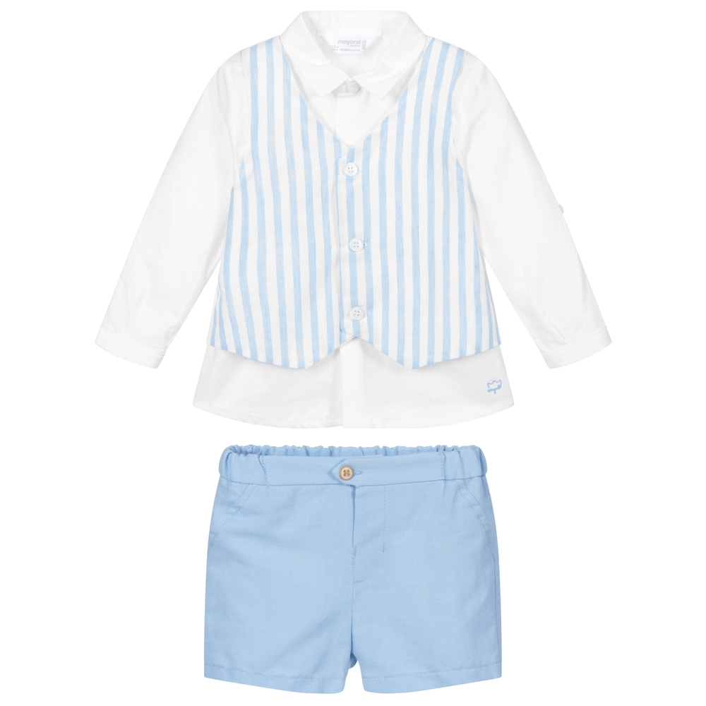 Mayoral-Белая рубашка с голубыми шортами | Childrensalon Outlet