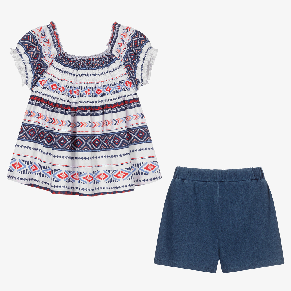 مايورال-طقم شورت وتوب قطن لون أبيض وأزرق للبنات | Childrensalon Outlet