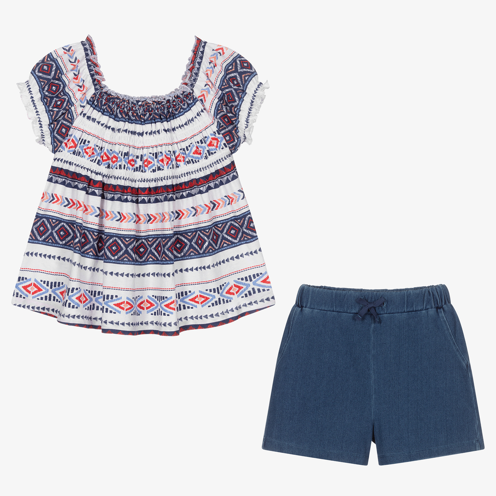 مايورال-طقم شورت وتوب قطن لون أبيض وأزرق للبنات | Childrensalon Outlet