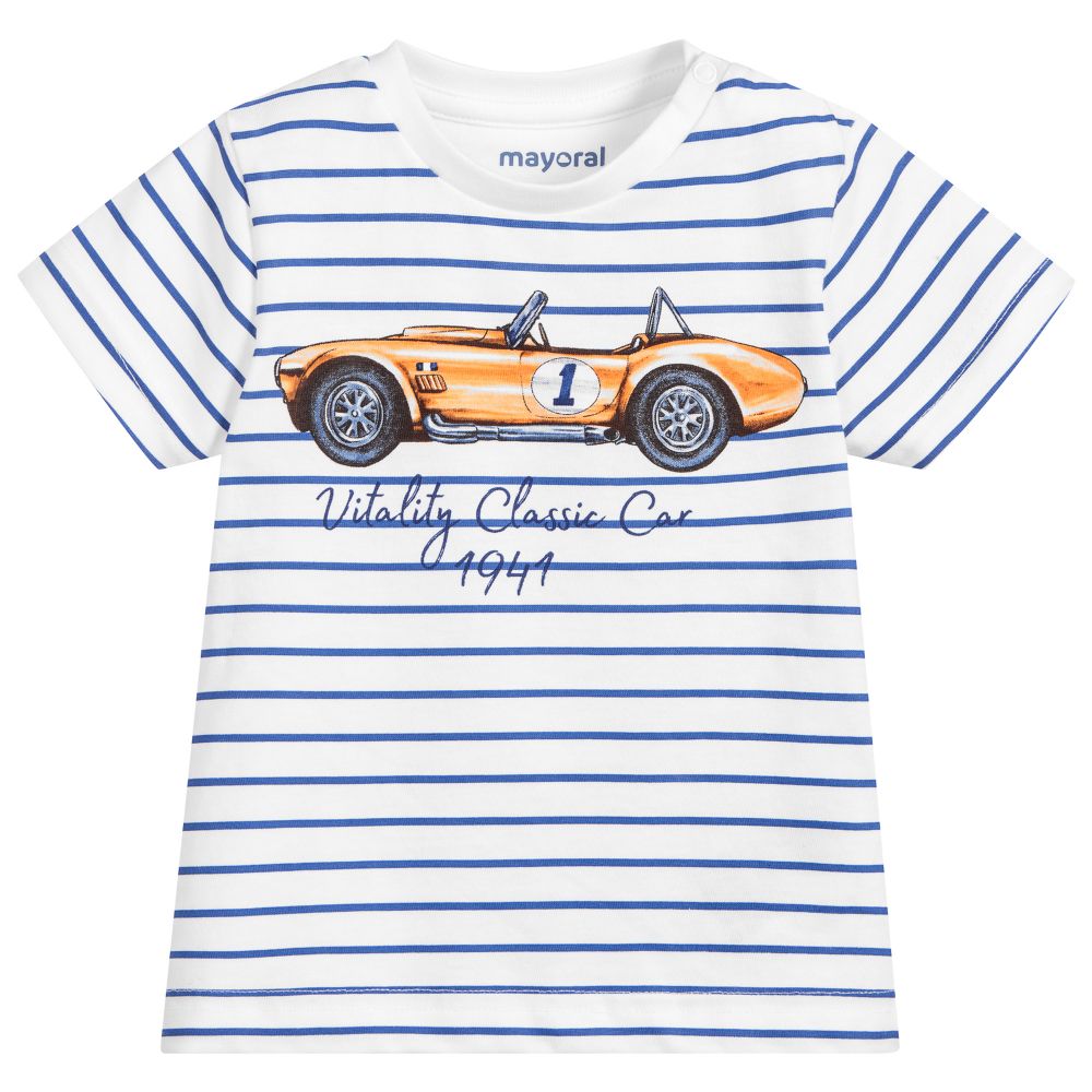 Mayoral - White & Blue Stripe T-Shirt | Childrensalon