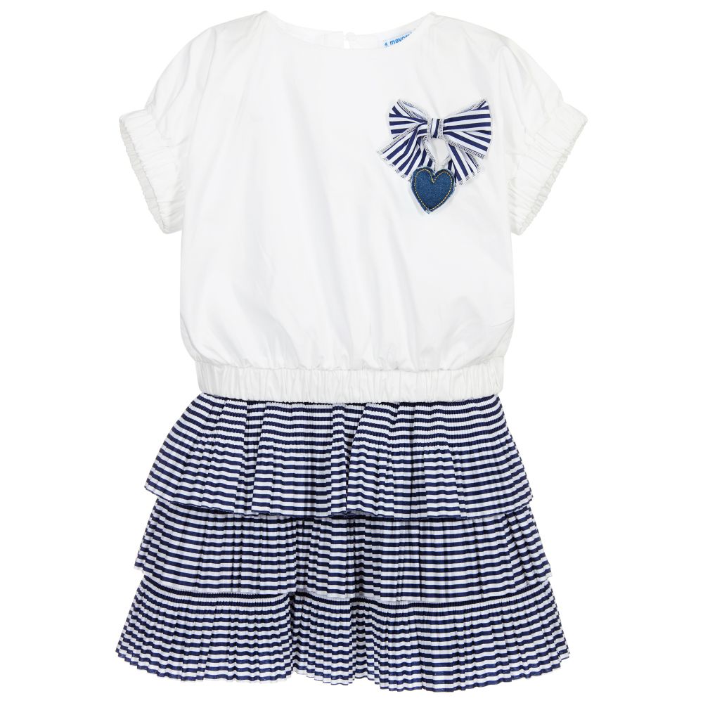 Mayoral - White & Blue Striped Skirt Set | Childrensalon