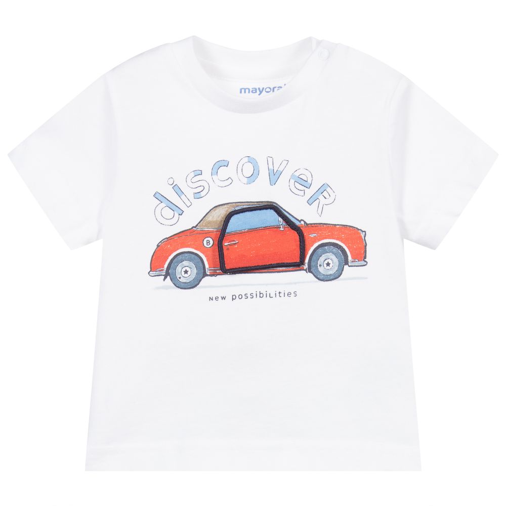 Mayoral - Белая хлопковая футболка с машиной | Childrensalon