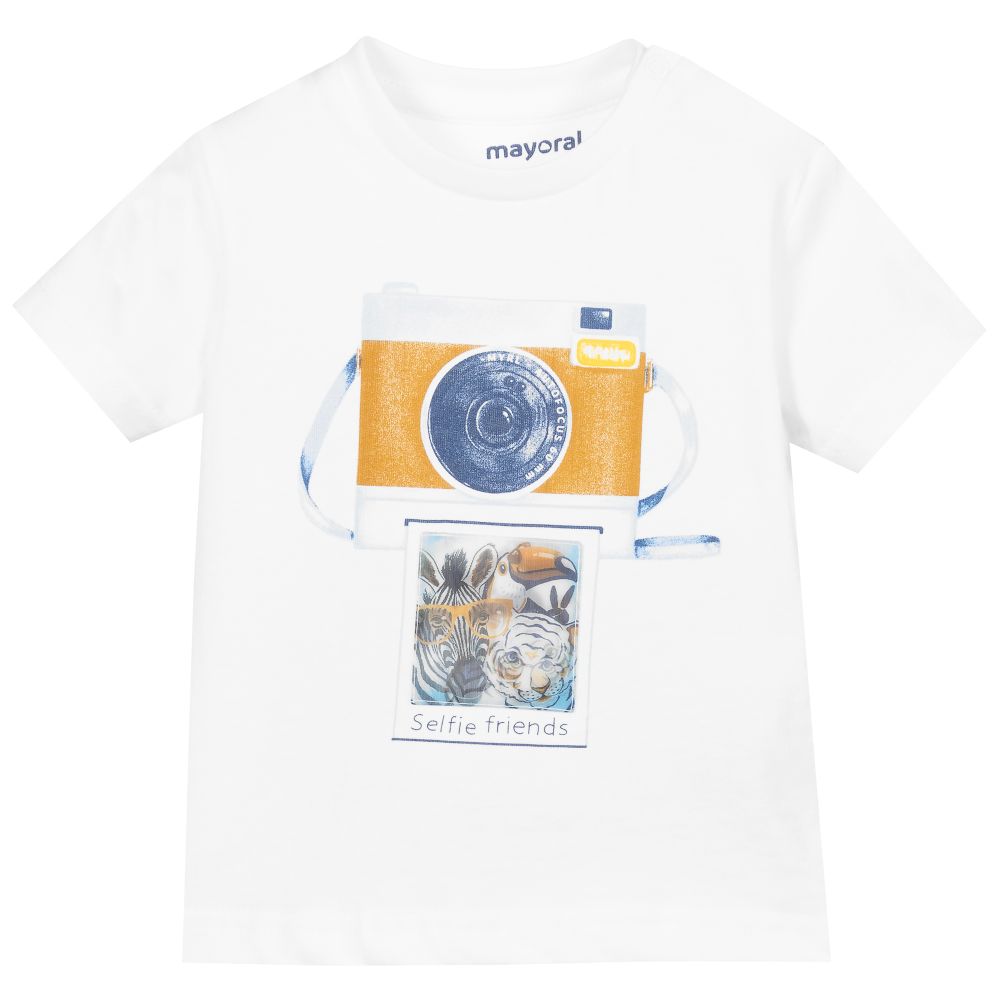 Mayoral - White Cotton Photo T-Shirt | Childrensalon