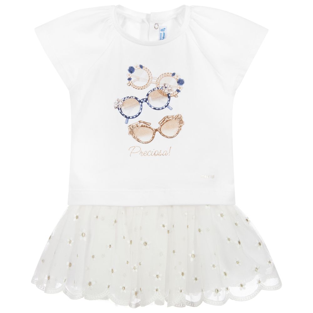 Mayoral - White Cotton & Tulle Skirt Set | Childrensalon