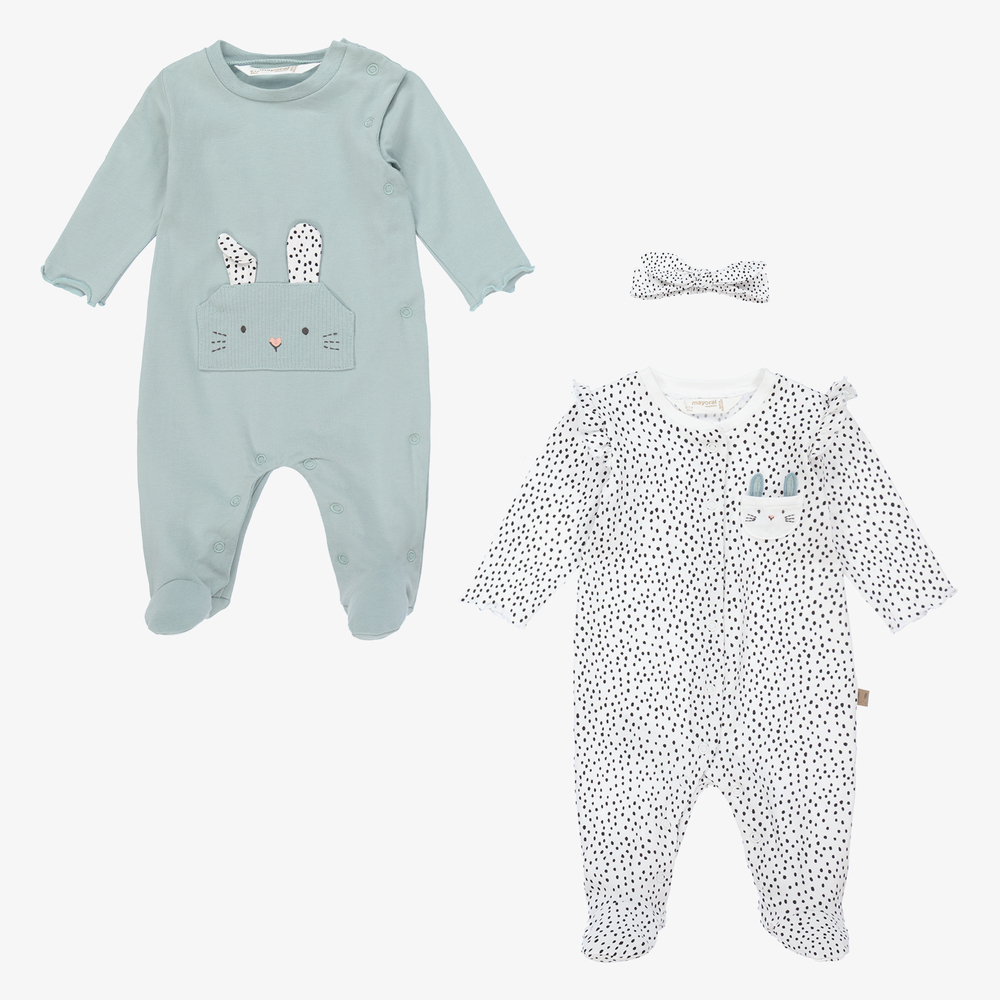 Mayoral Newborn - White & Green Babygrow Set | Childrensalon