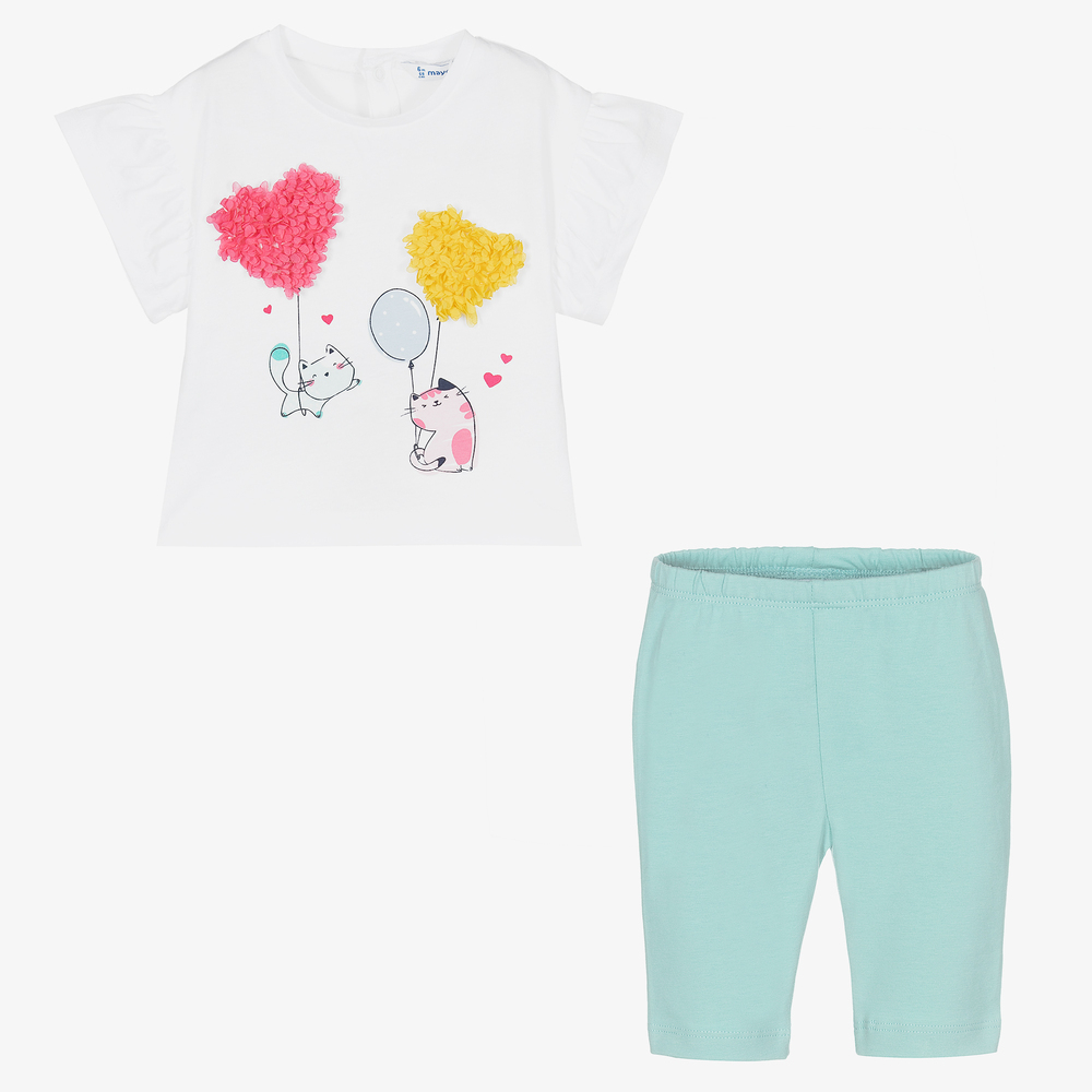 مايورال-طقم ليغنغز أطفال بناتي قطن لون أخضر أكوا وأبيض | Childrensalon Outlet
