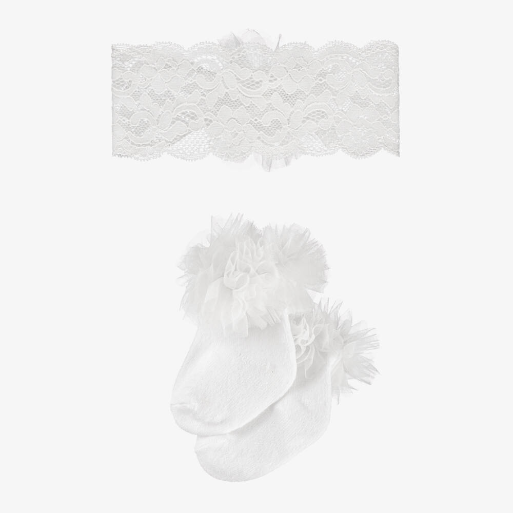 Mayoral Newborn-White Lace Socks & Headband Set | Childrensalon Outlet