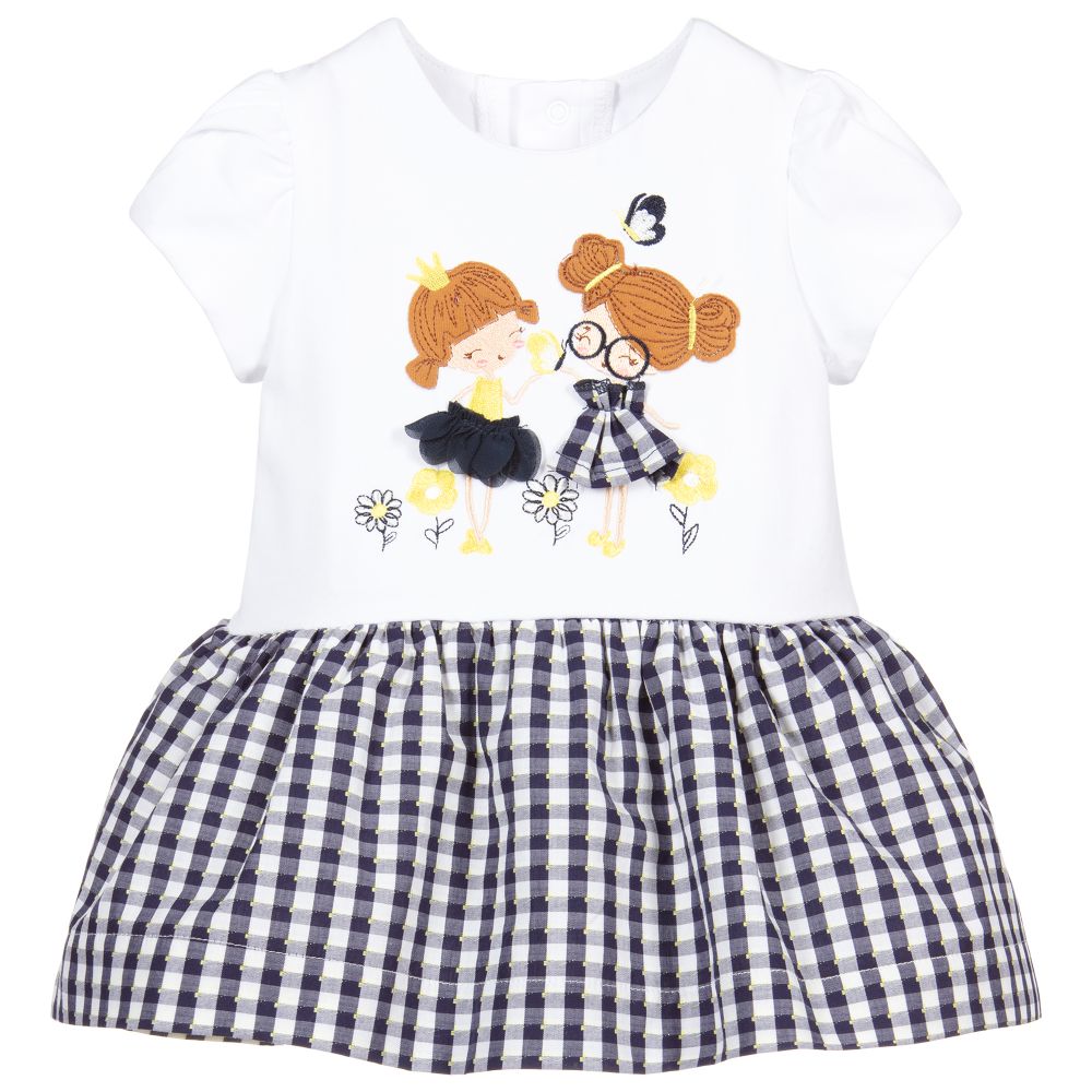 Mayoral - White & Navy Blue Cotton Dress | Childrensalon