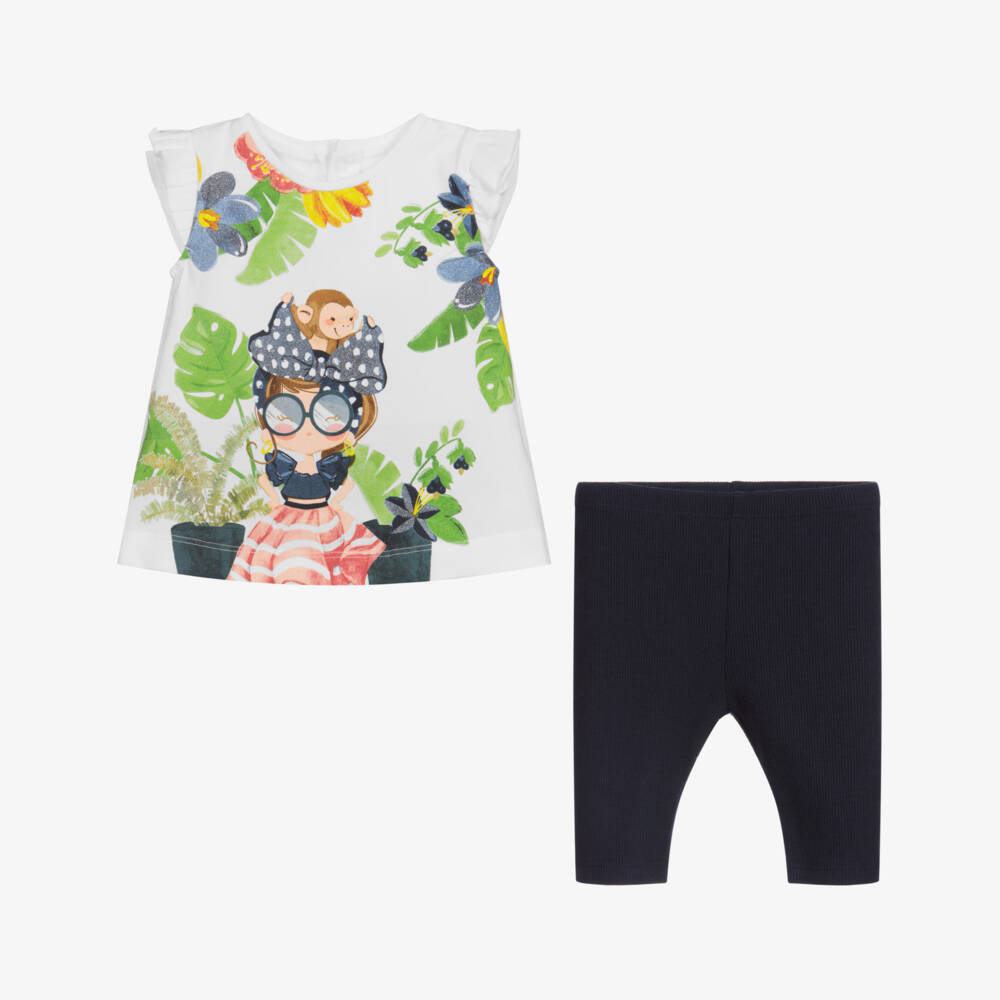 Mayoral-طقم ليغنغز وتيشيرت قطن جيرسي لون أبيض وكحلي | Childrensalon Outlet