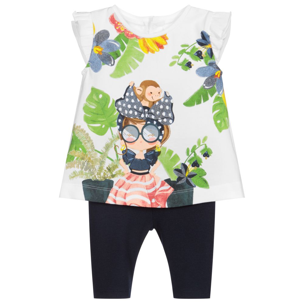 Mayoral - White & Navy Blue Leggings Set | Childrensalon