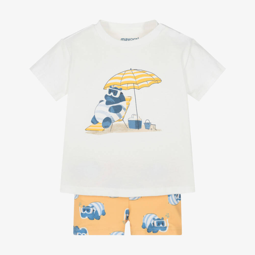 Mayoral-White & Orange Hippo Print Swim Set | Childrensalon Outlet