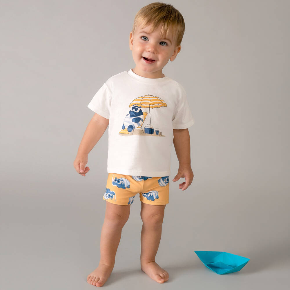 Mayoral-White & Orange Hippo Print Swim Set | Childrensalon Outlet