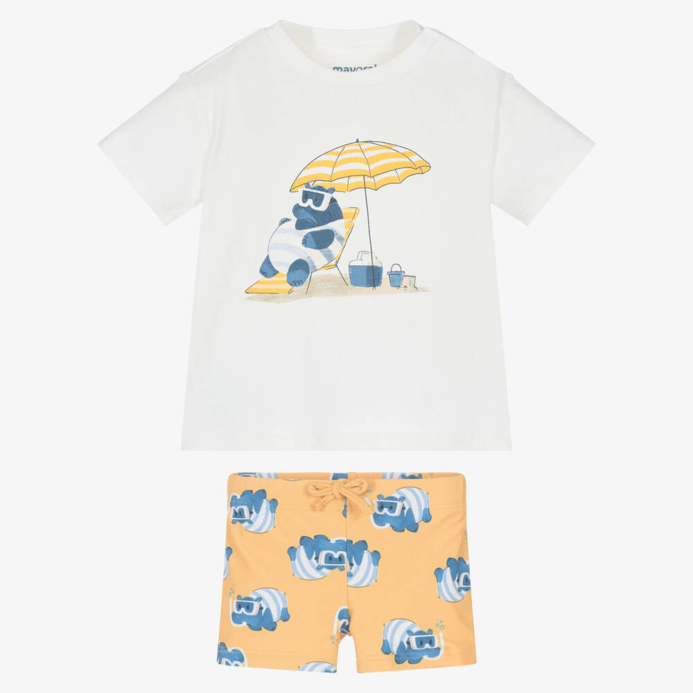 Mayoral-White & Orange Hippo Print Swim Set | Childrensalon Outlet