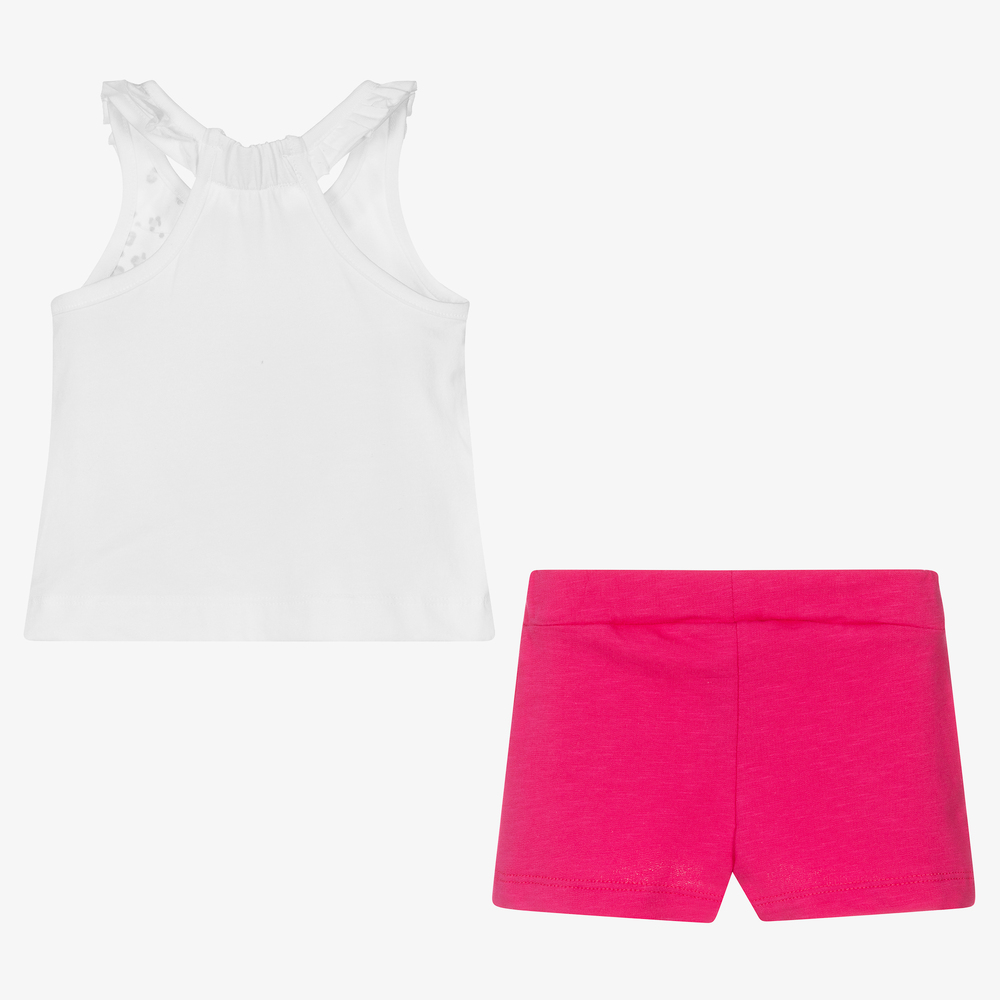 مايورال-طقم شورت أطفال بناتي قطن جيرسي لون أبيض وزهري فوشيا | Childrensalon Outlet
