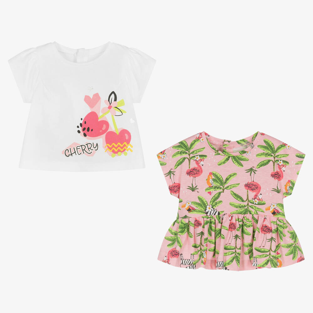 Mayoral - T-shirt blanc et rose en coton (x2) | Childrensalon