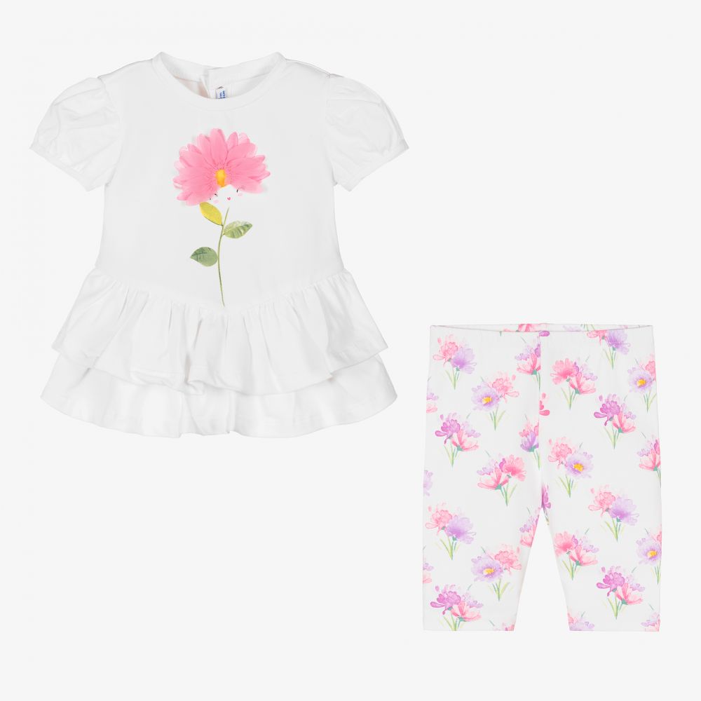 Mayoral-Белое платье и легинсы в розовый цветочек | Childrensalon Outlet