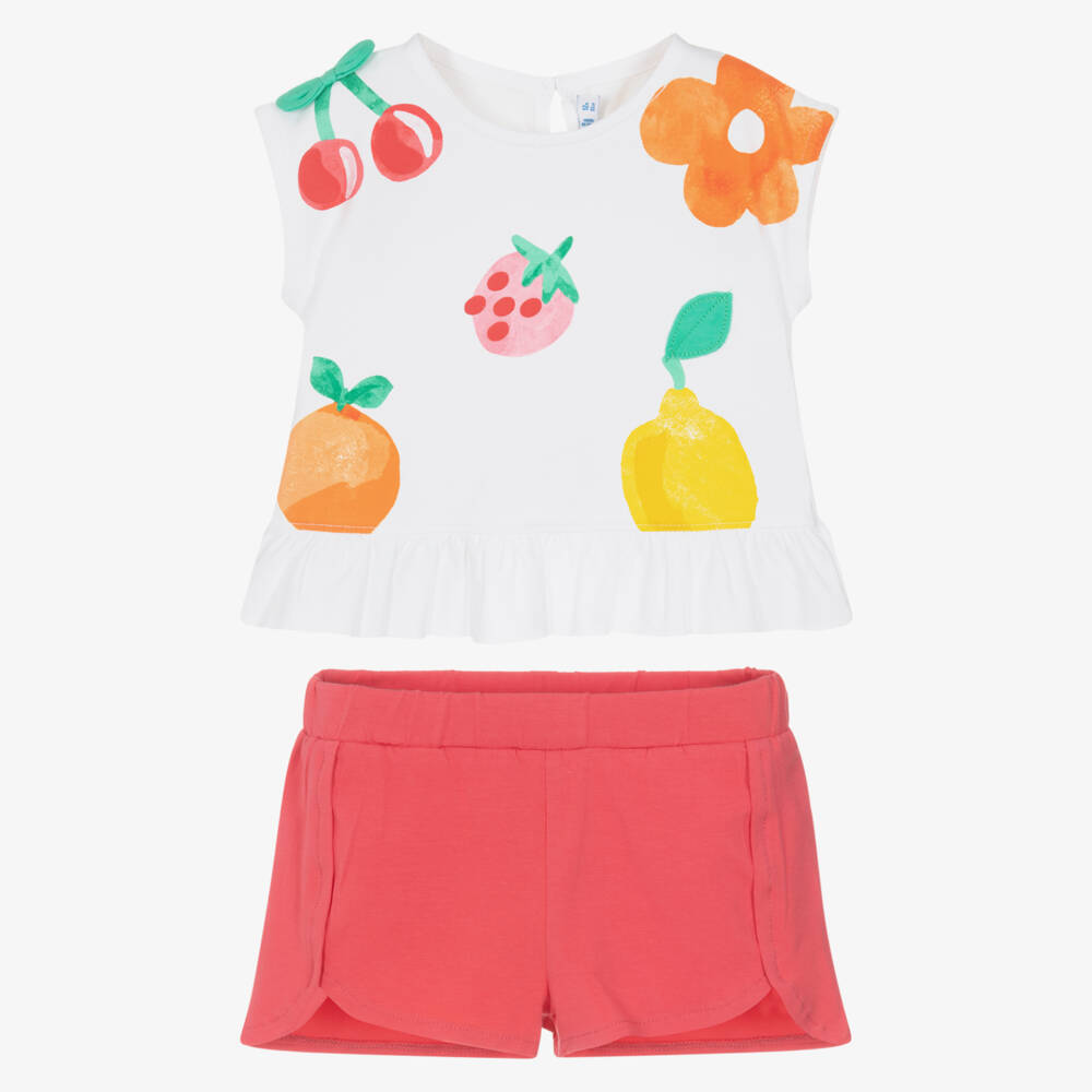 Mayoral-White & Pink Fruits Shorts Set | Childrensalon Outlet