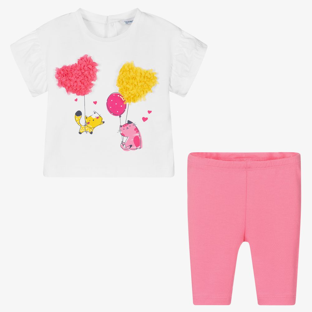 مايورال-طقم ليغنغز أطفال بناتي قطن جيرسي لون أبيض وزهري | Childrensalon Outlet