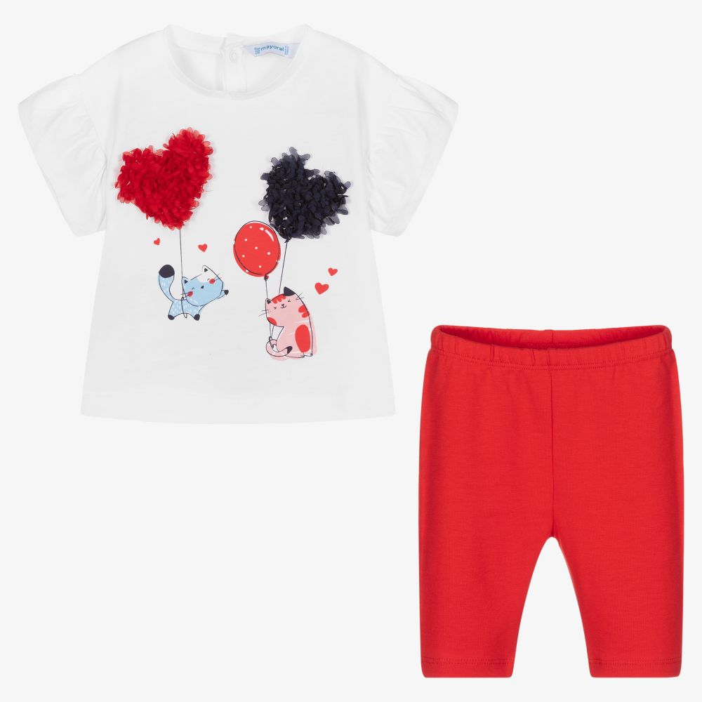 مايورال-طقم ليغنغز أطفال بناتي قطن لون أبيض وأحمر | Childrensalon Outlet