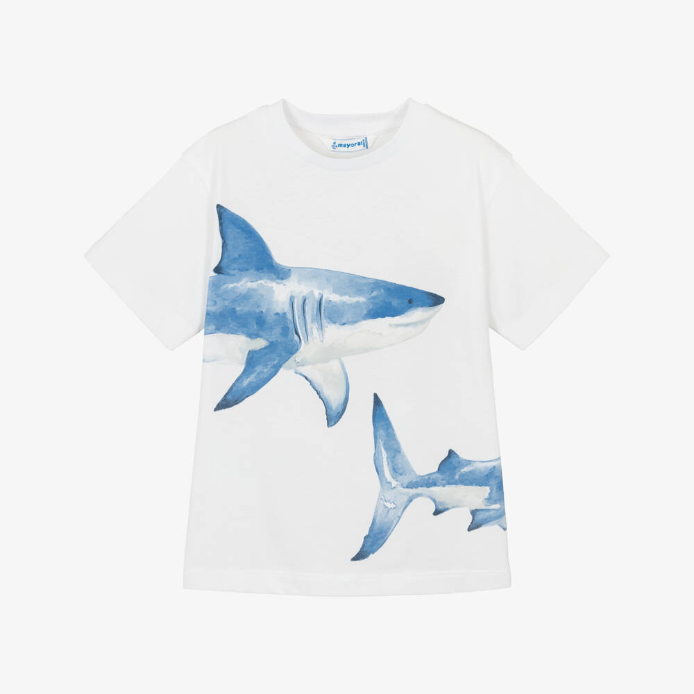 Mayoral-White Shark Print T-shirt | Childrensalon Outlet