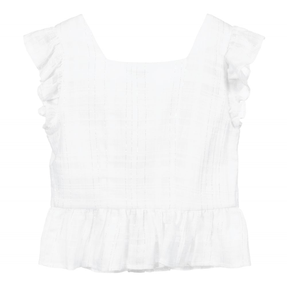 Mayoral-بلوز قطن مكشكشة لون أبيض وفضي للبنات | Childrensalon Outlet