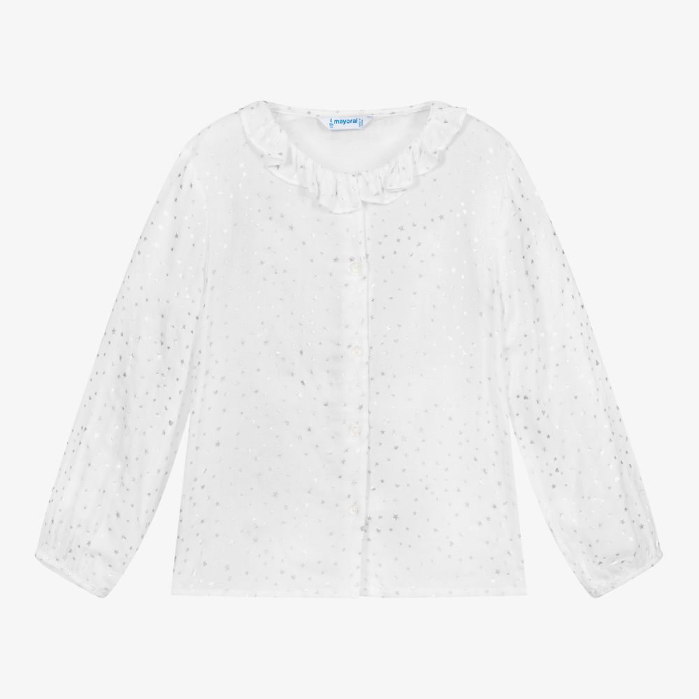 Mayoral-Белая блузка с серебристыми сердечками | Childrensalon Outlet