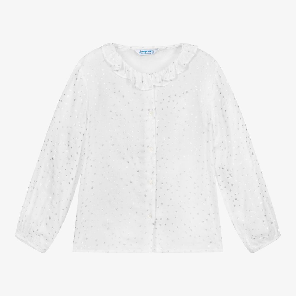 Mayoral - Белая блузка с серебристыми сердечками | Childrensalon