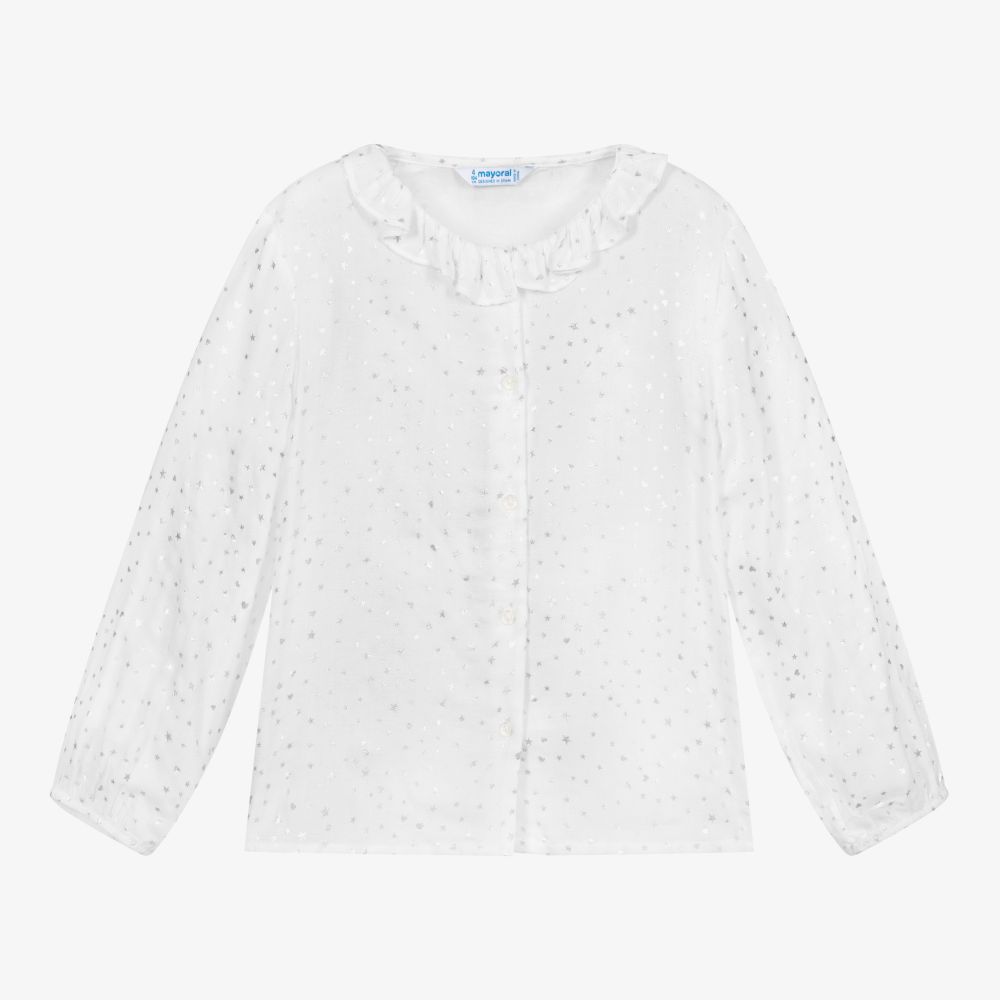 Mayoral-White & Silver Hearts Blouse | Childrensalon Outlet
