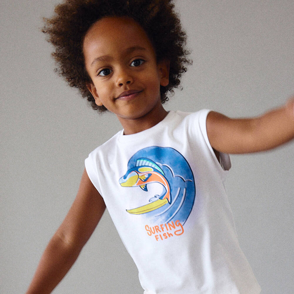 Mayoral-White Surfing Sleeveless T-shirt | Childrensalon Outlet